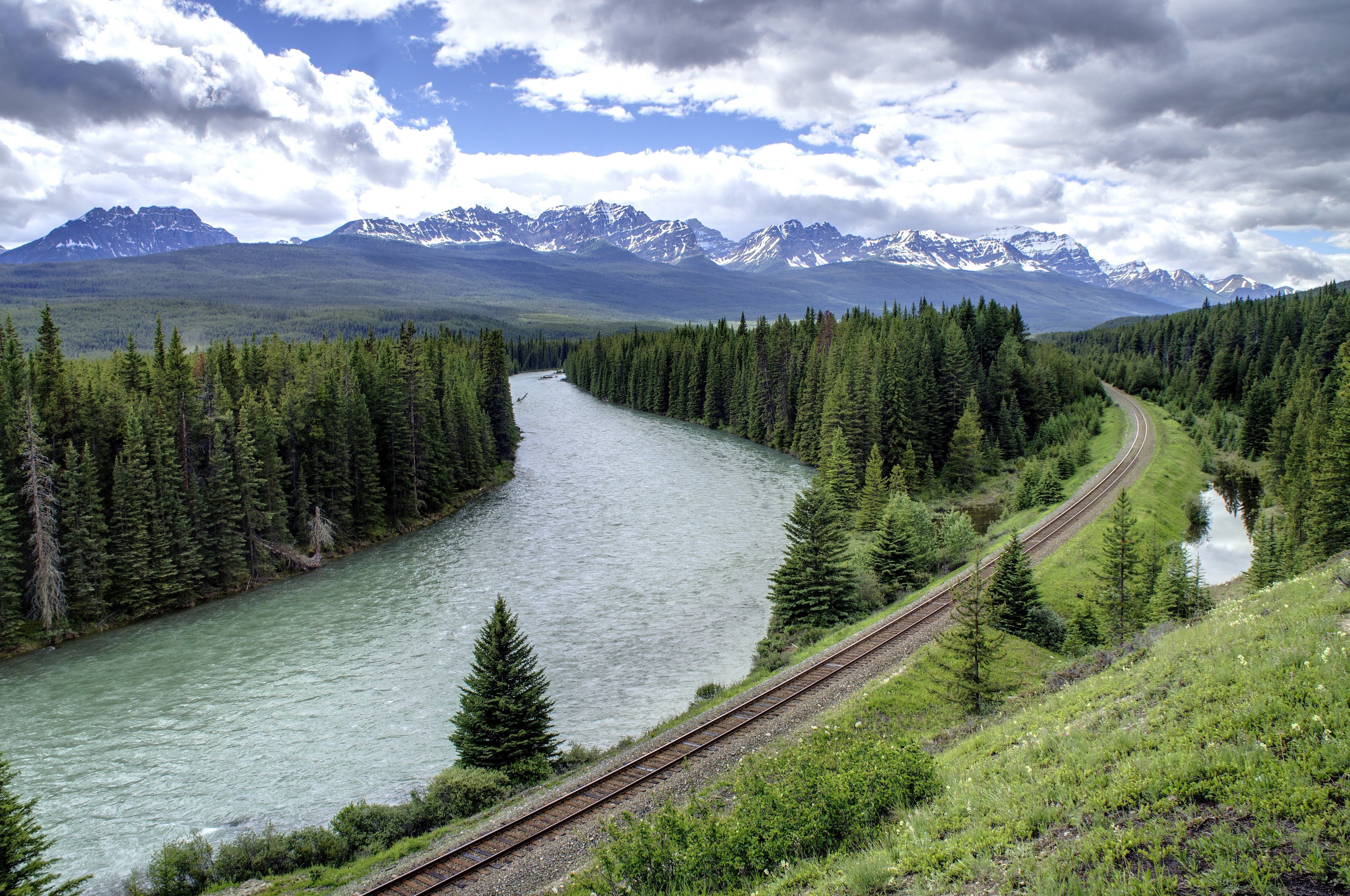 mountain, River, Railway, Forest, Trees, Landscape Wallpaper