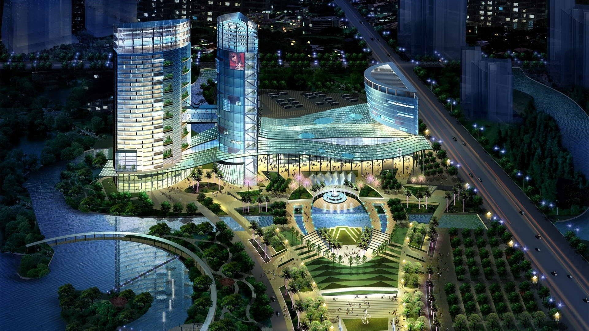 night, City, Houses, Lights, Road Wallpaper