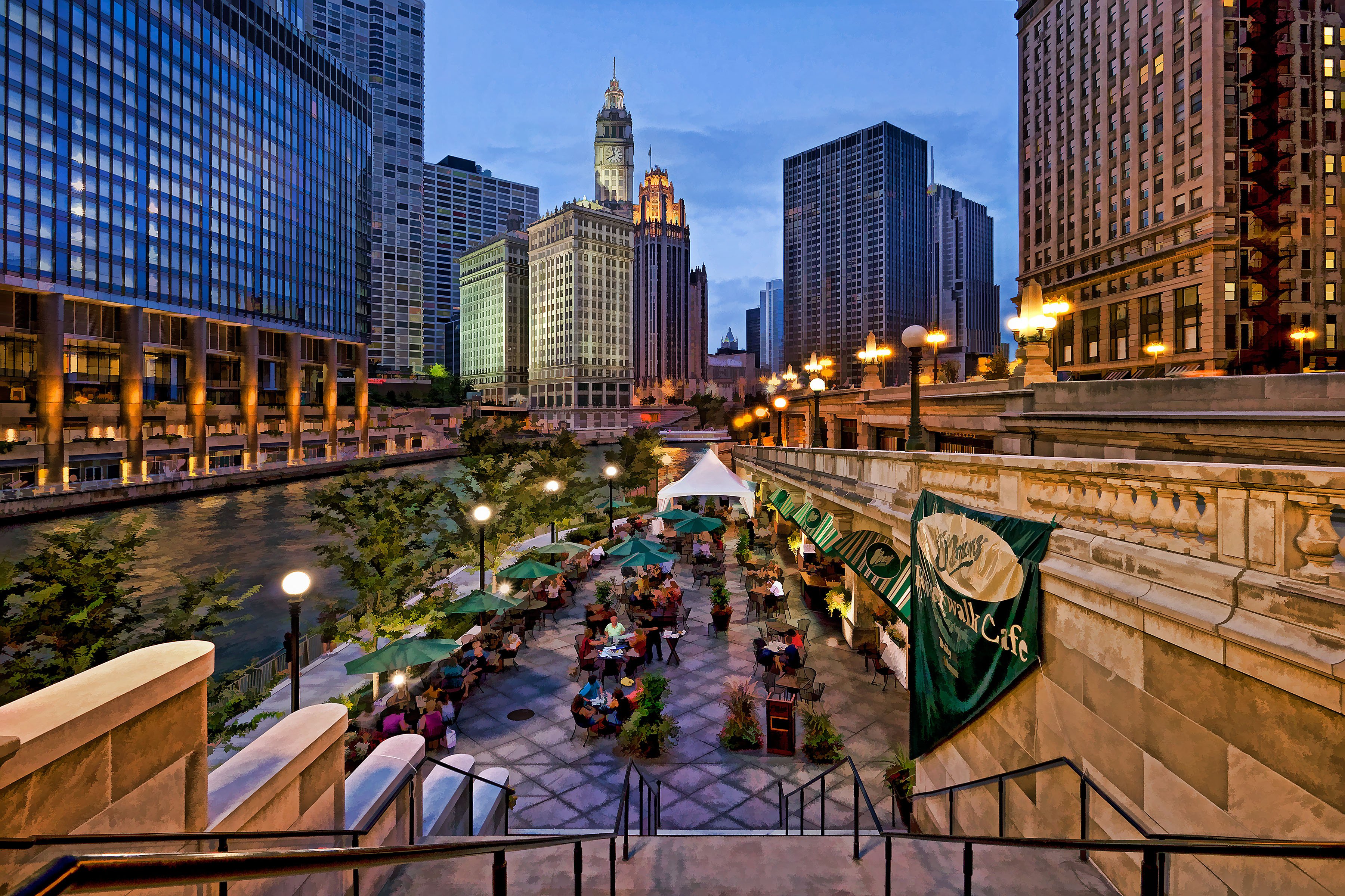 riverside, Restaurant, Along, Chicago, Usa Wallpaper