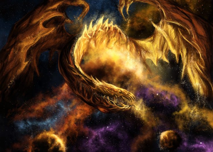 fantasy, Dragon, Fire, Sci, Fi, Space, Nebula, Stars, Art HD Wallpaper Desktop Background
