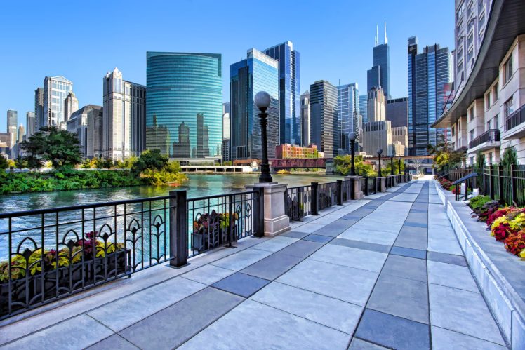 sidewalk, Along, The, River, Chicago, Usa HD Wallpaper Desktop Background