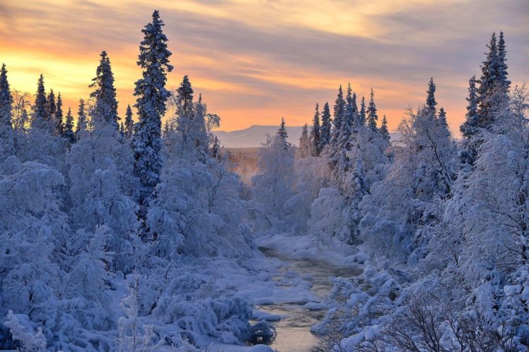 sunset, Winter, River, Snow, Landscape HD Wallpaper Desktop Background