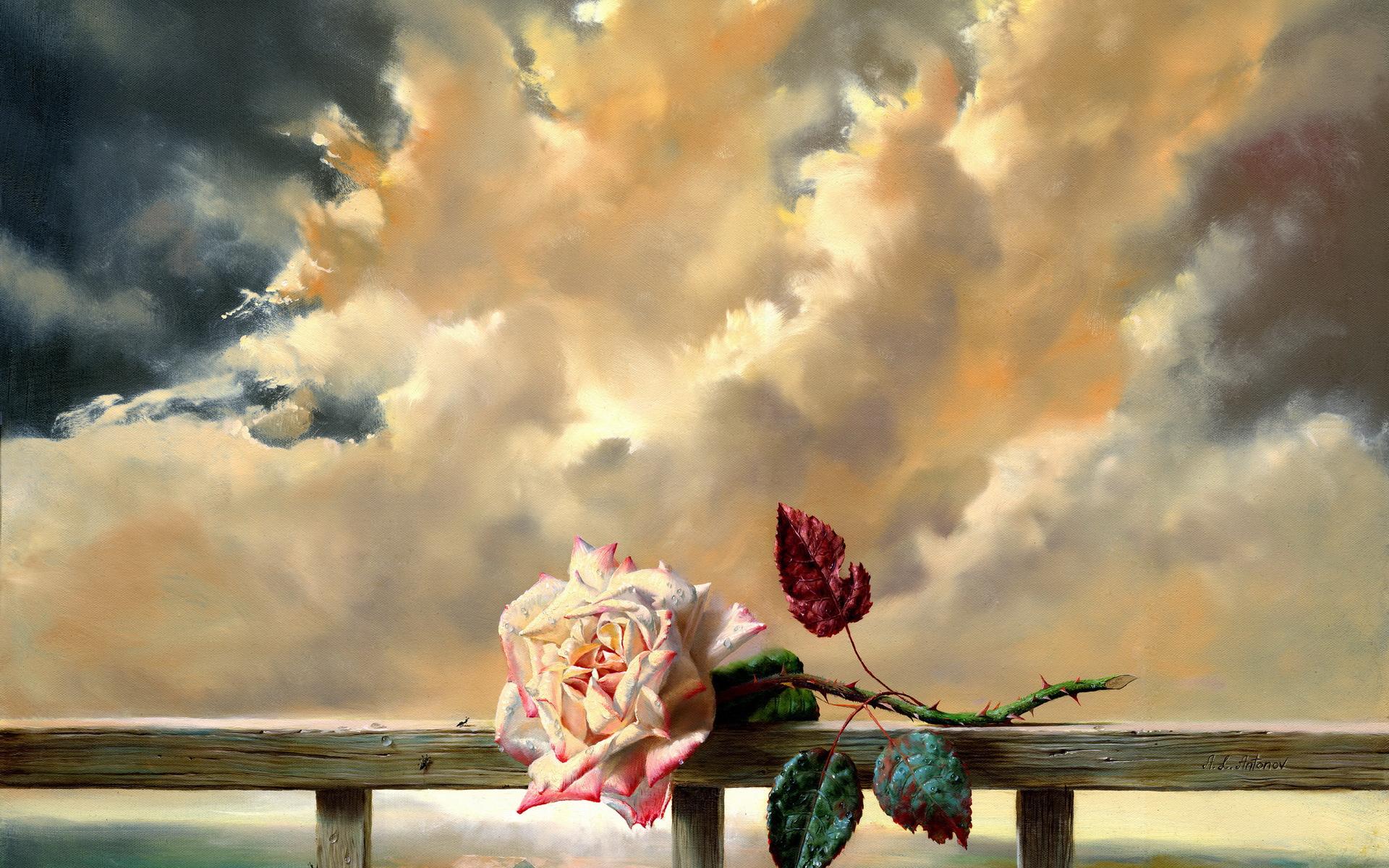 mood, Flowers, Sky, Clouds, Bokeh, Art, Paintings, Love, Romance Wallpaper