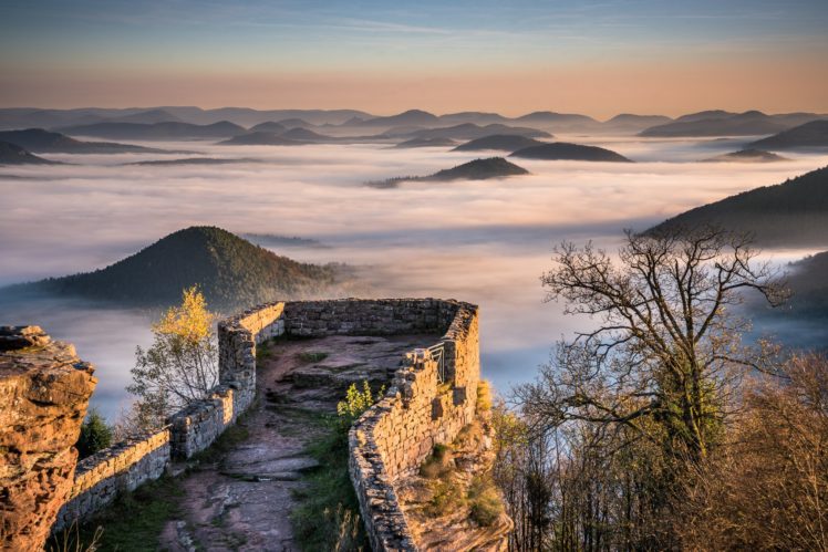 wegelnburg, Pfalz, Germany, Mountains, Hills, Fog, View, Of, The, Old, Fortress, Castle HD Wallpaper Desktop Background