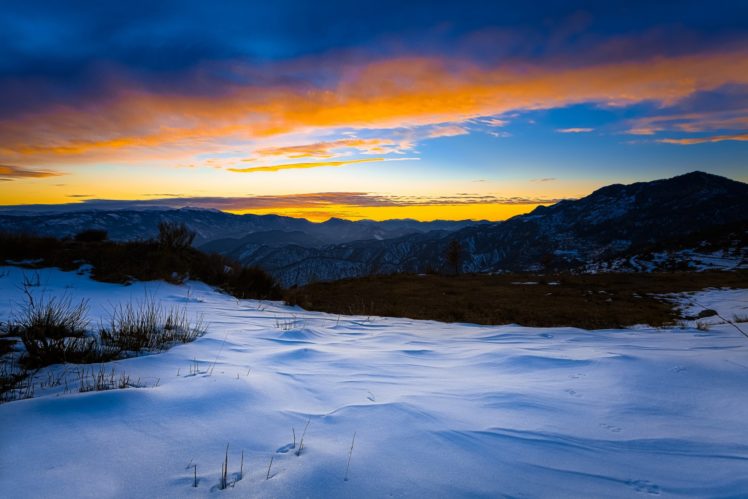 winter, Evening, Sunset, Snow, Mountains HD Wallpaper Desktop Background