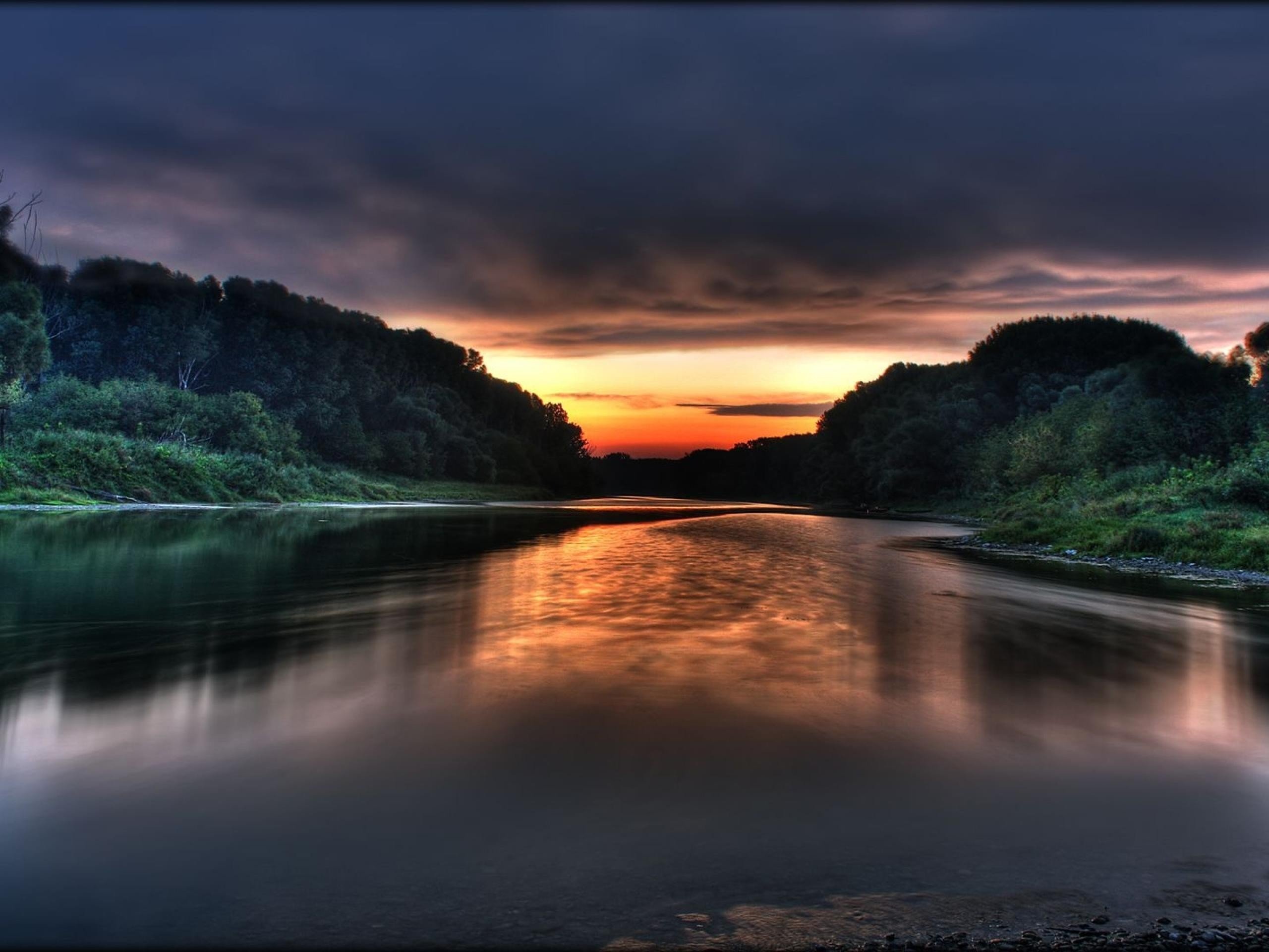 water, Sunset, Clouds, Landscapes, Nature, Forests, Rivers, Reflections Wallpaper