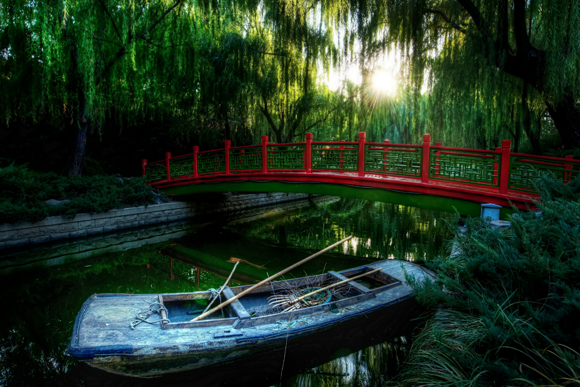 architecture, Bridges, Mood, Boat, River, Trees, Garden Wallpaper