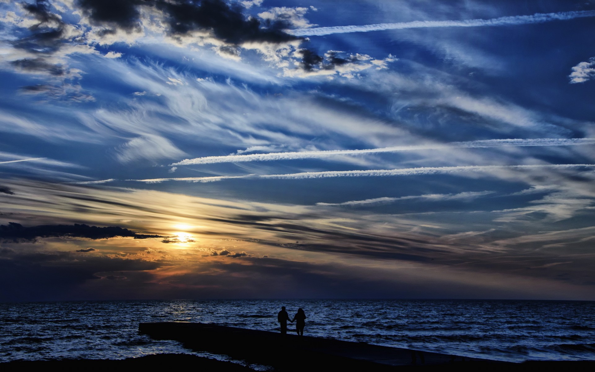 ocean, Sea, Sky, Sunset, Sunrise, Clouds, People, Love, Romance, Mood Wallpaper
