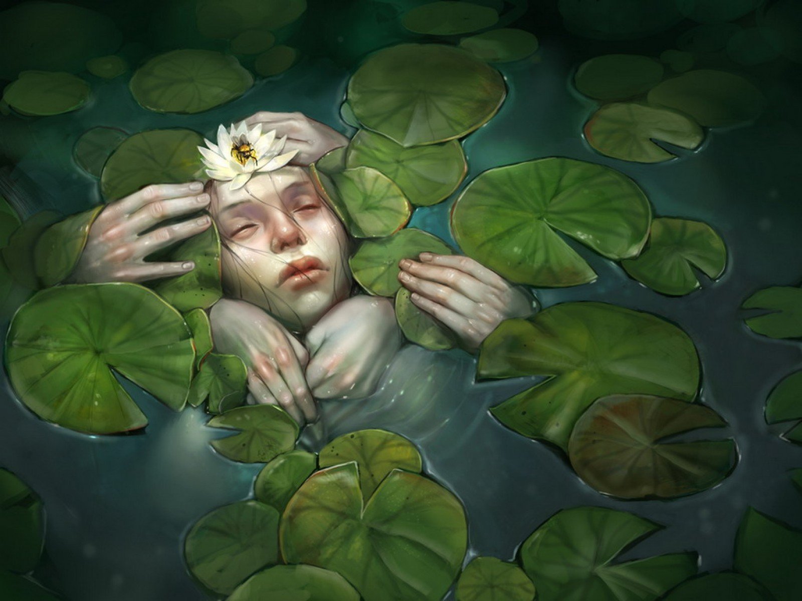 women, Water, Fantasy, Art, Artwork, Closed, Eyes, Lily, Pads, Water, Lilies Wallpaper