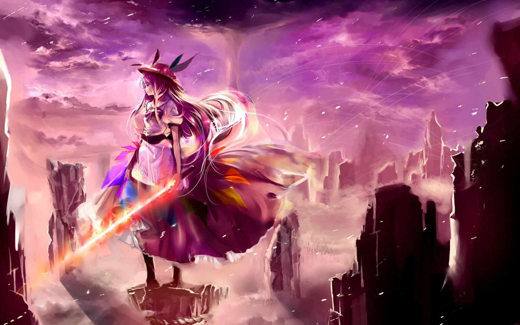 video, Games, Clouds, Landscapes, Touhou, Dress, Purple, Peaches, Rocks, Long, Hair, Fog, Weapons, Purple, Hair, Red, Eyes, Scenic, Aprons, Hinanawi, Tenshi, Skyscapes, Hats, Sword, Of, Hisou, Swords Wallpaper