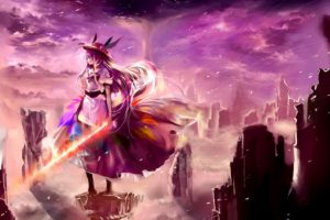 video, Games, Clouds, Landscapes, Touhou, Dress, Purple, Peaches, Rocks, Long, Hair, Fog, Weapons, Purple, Hair, Red, Eyes, Scenic, Aprons, Hinanawi, Tenshi, Skyscapes, Hats, Sword, Of, Hisou, Swords