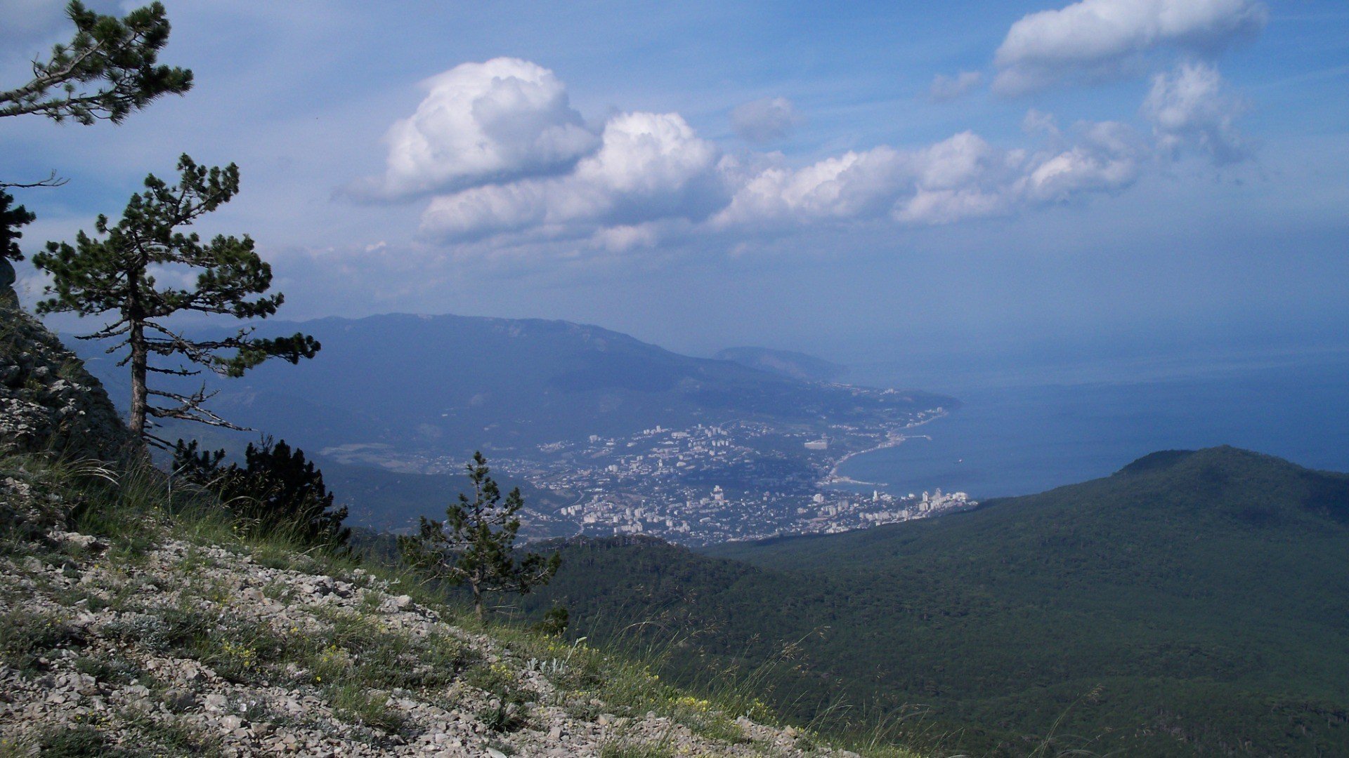 mountains, Clouds, Landscapes, Trees, Grass, Shore, Skyscapes Wallpaper