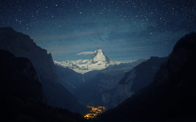 mountains, Landscapes, Nature, Snow, Night, Lights, Stars, Valleys, Europe, Switzerland HD Wallpaper Desktop Background
