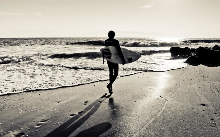 surfing, Surfboard, Beaches, Ocean, Sea, Waves, Black, White, Sky, Sunset, Sunrise HD Wallpaper Desktop Background