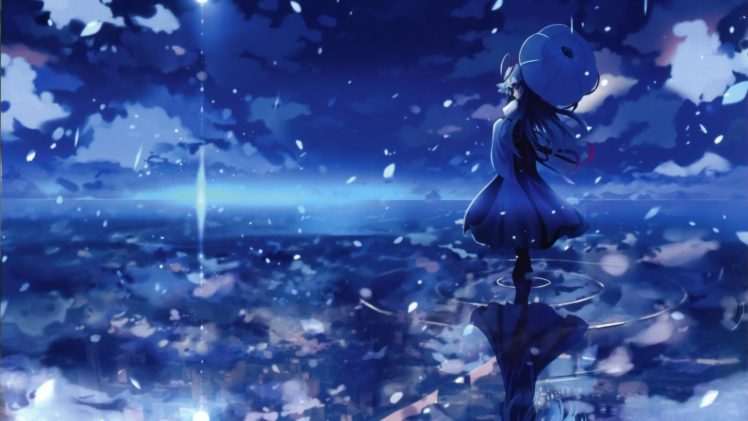 women, Water, Blue, Touhou, Yakumo, Yukari, Umbrellas, Skyscapes, Reflections, Anime, Girls, Games, Shino,  eefy HD Wallpaper Desktop Background