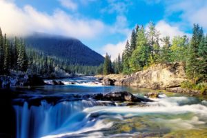 rivers, Spray, Tees, Forest, Mountains, Sky, Clouds