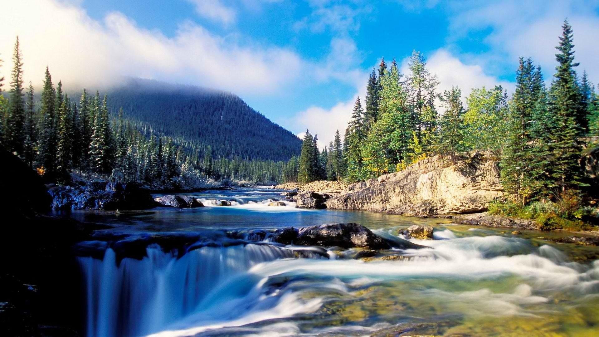 rivers, Spray, Tees, Forest, Mountains, Sky, Clouds Wallpaper