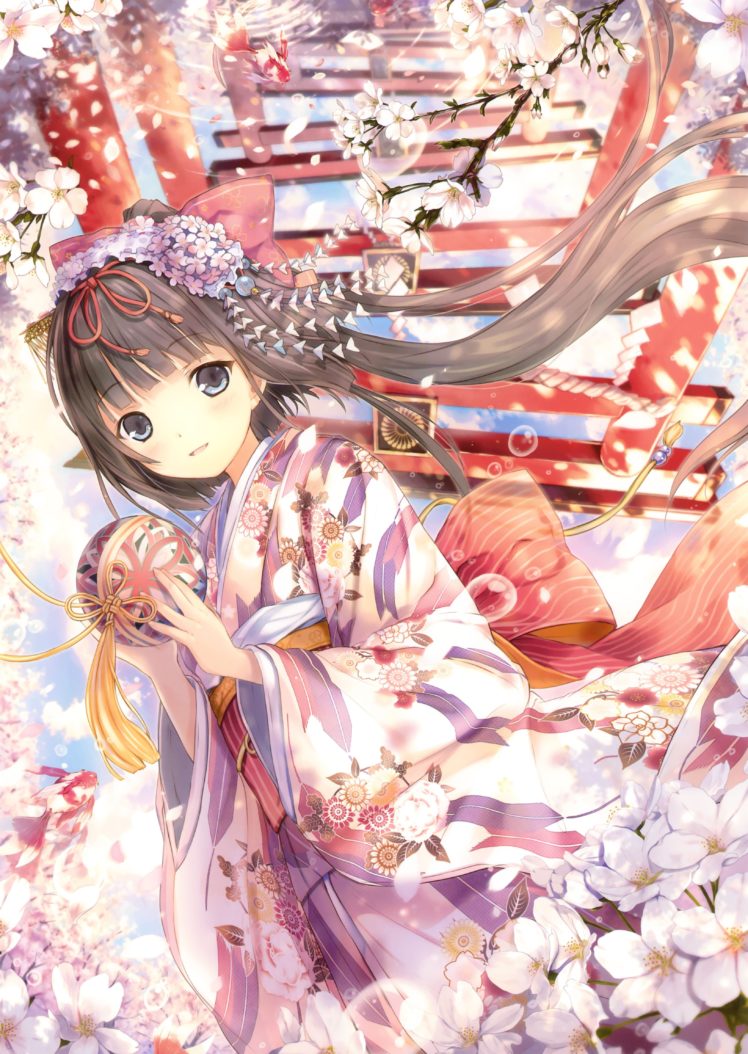 brunettes, Flowers, Kimono, Torii, Flower, Petals, Anime, Girls, Original, Characters HD Wallpaper Desktop Background