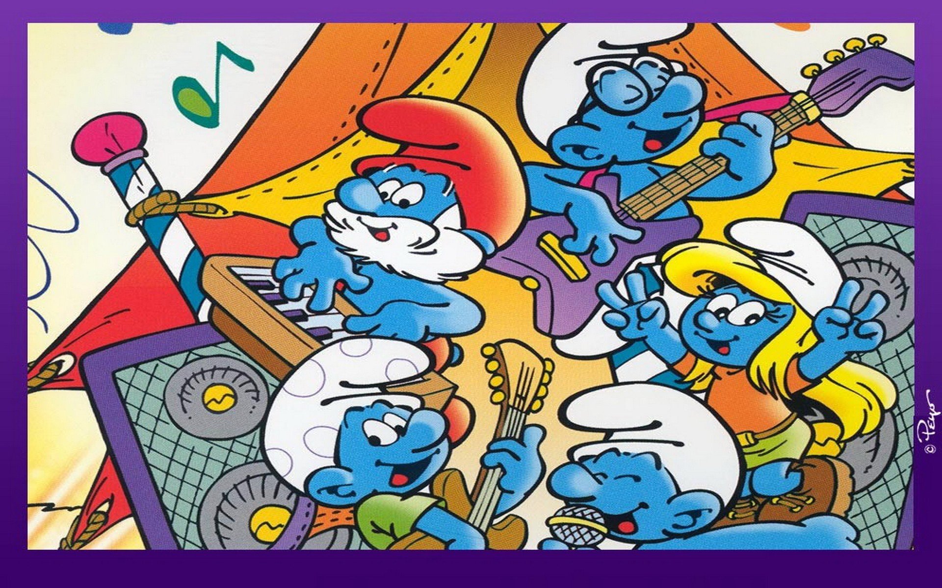 cartoons, The, Smurfs, Papa, Smurf, Smurfette, Musical, Instruments Wallpaper