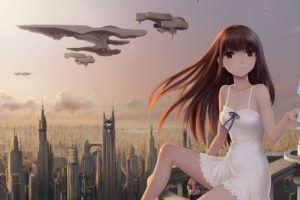 brunettes, Clouds, Cityscapes, Dress, Futuristic, Long, Hair, Brown, Eyes, Spaceships, Anime, Hair, Ribbons, Skys, Abstract, Futurism, Hd, Wallpaper