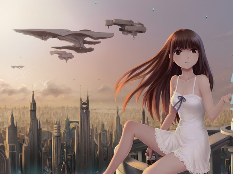 brunettes, Clouds, Cityscapes, Dress, Futuristic, Long, Hair, Brown, Eyes, Spaceships, Anime, Hair, Ribbons, Skys, Abstract, Futurism, Hd, Wallpaper HD Wallpaper Desktop Background