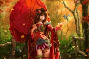 fantasy, Women, Asian, Oriental, Umbrella, Birds, Trees, Forest
