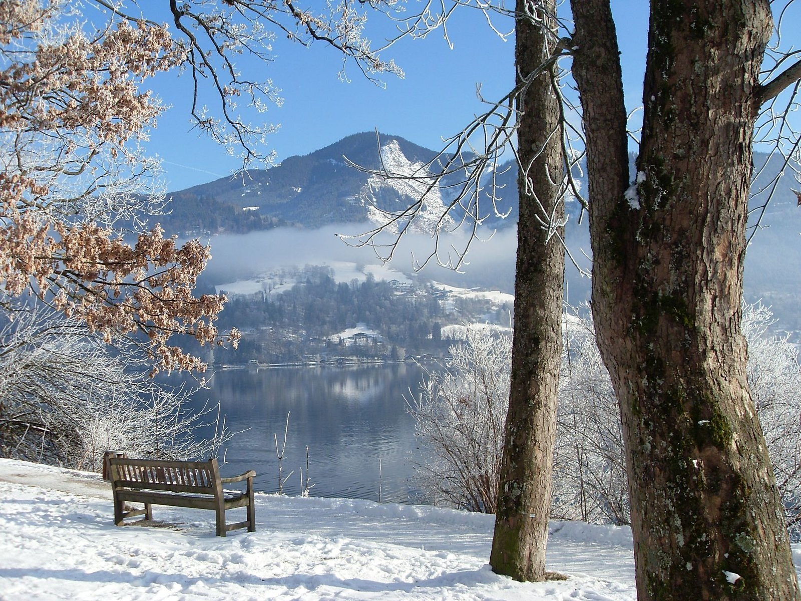 mountains, Landscapes, Nature, Winter, Snow, Trees, Bench Wallpaper