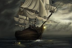 fantasy, Ship, Art, Storm, Ocean