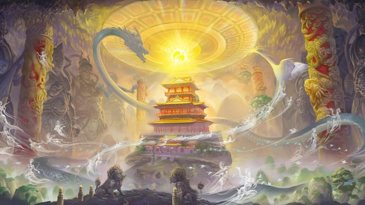 fantasy, Dragon, Asian, Oriental, Art, Castle HD Wallpaper Desktop Background