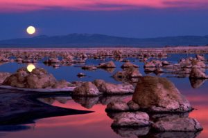 rocks, California, Lakes, Reflections, Moonrise, Mono, Lake