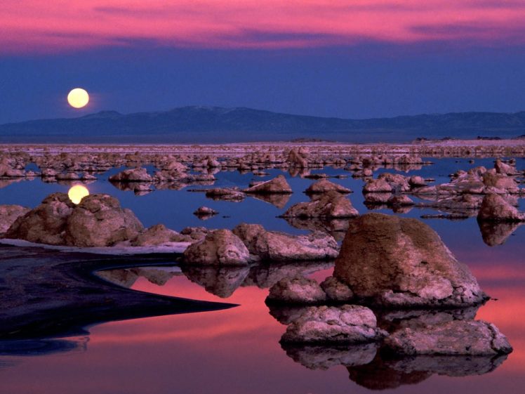 rocks, California, Lakes, Reflections, Moonrise, Mono, Lake HD Wallpaper Desktop Background