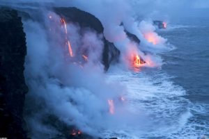 landscapes, Volcano, Lava, Ocean, Steam, Smoke