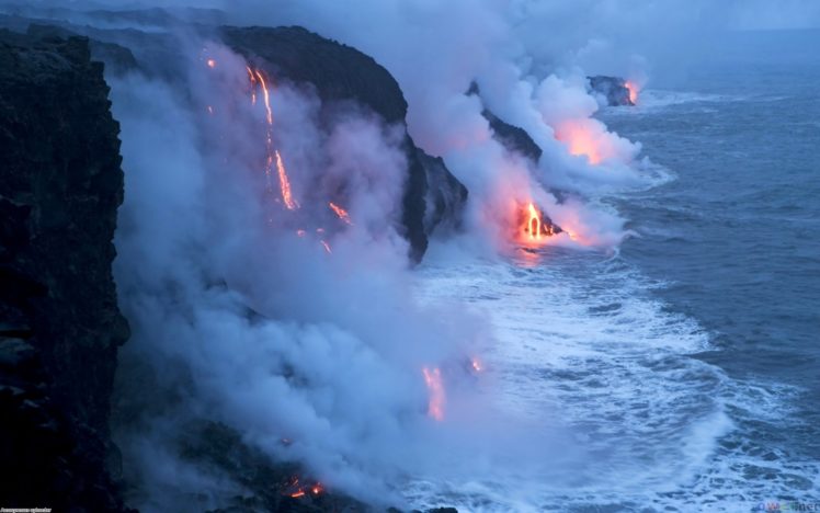 landscapes, Volcano, Lava, Ocean, Steam, Smoke HD Wallpaper Desktop Background