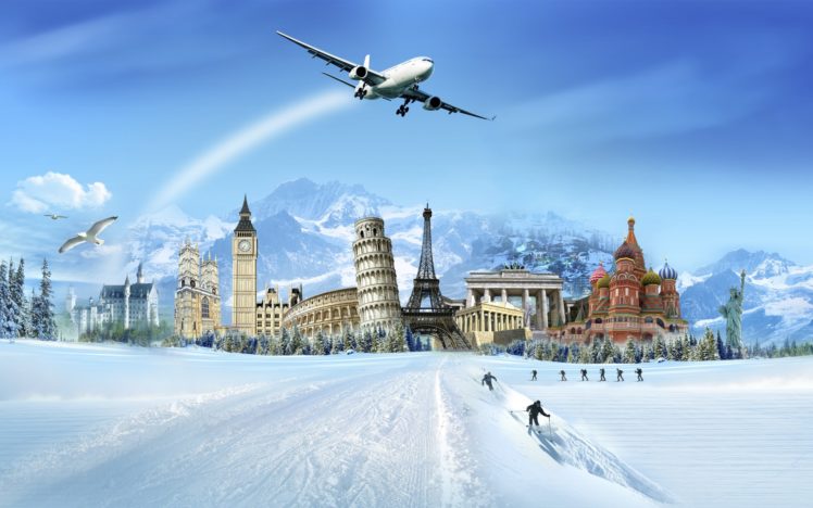 zima, Sneg, Mountains, Skiers, Aircraft, Buildings, Pisa, Sabor, Basil, Statue, Of, Liberty HD Wallpaper Desktop Background