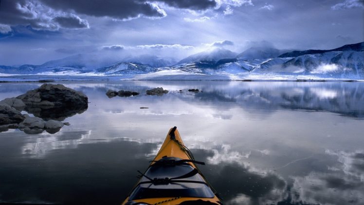 clouds, Winter, Snow, California, Lakes, Kayak, Mono, Lake HD Wallpaper Desktop Background