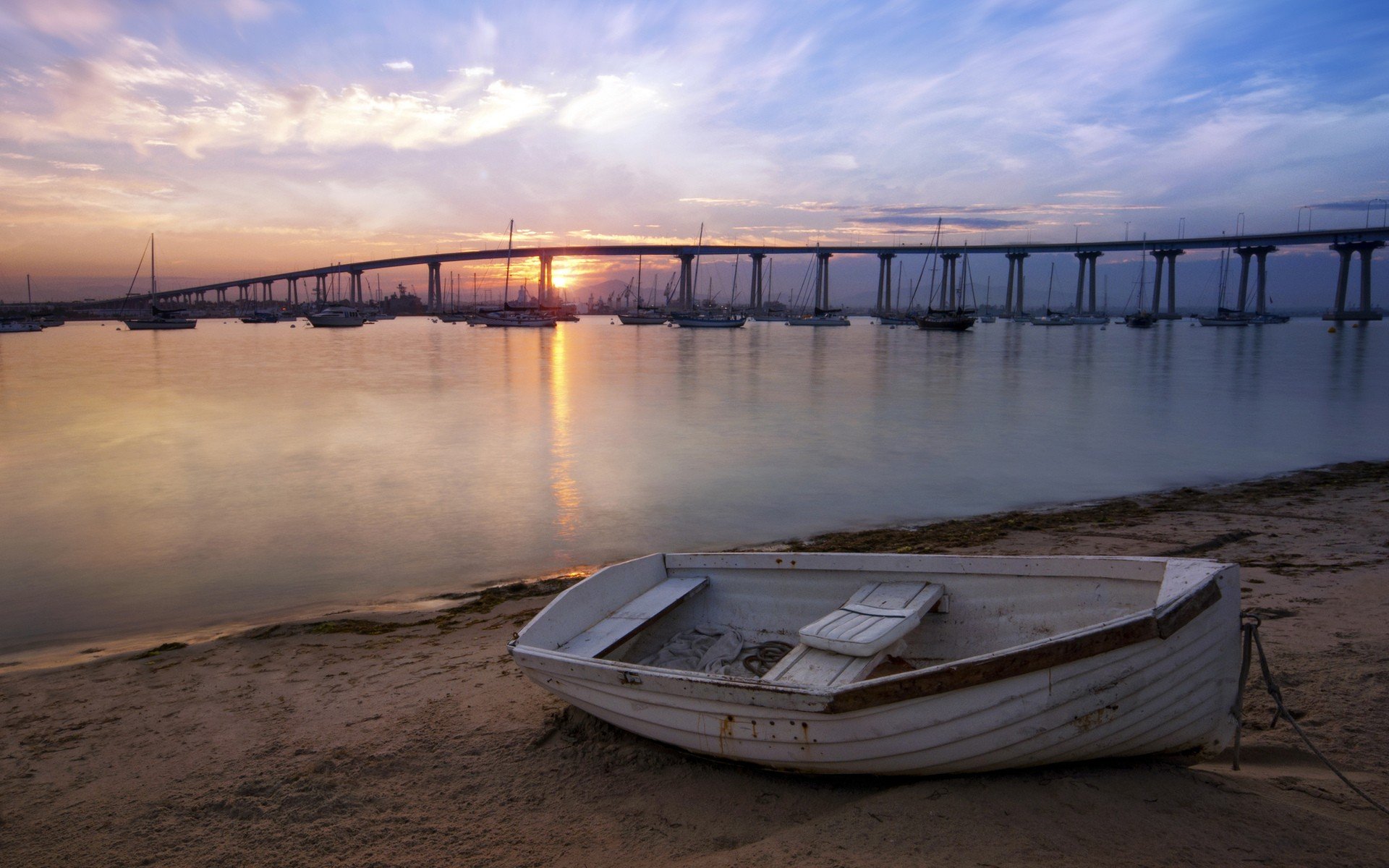 sunset, Bridges, Boats, Sea Wallpaper