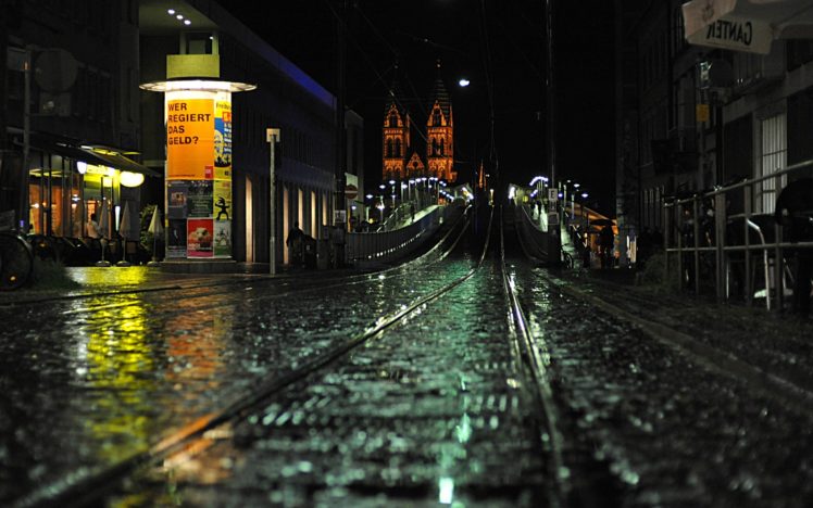 cityscapes, Night, Germany, Street, Freiburg, Rain, Reflection, Cities HD Wallpaper Desktop Background