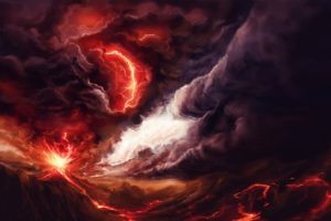 art, Volcano, Explosion, Fire, Smoke, Mountains, Lightning, Storm
