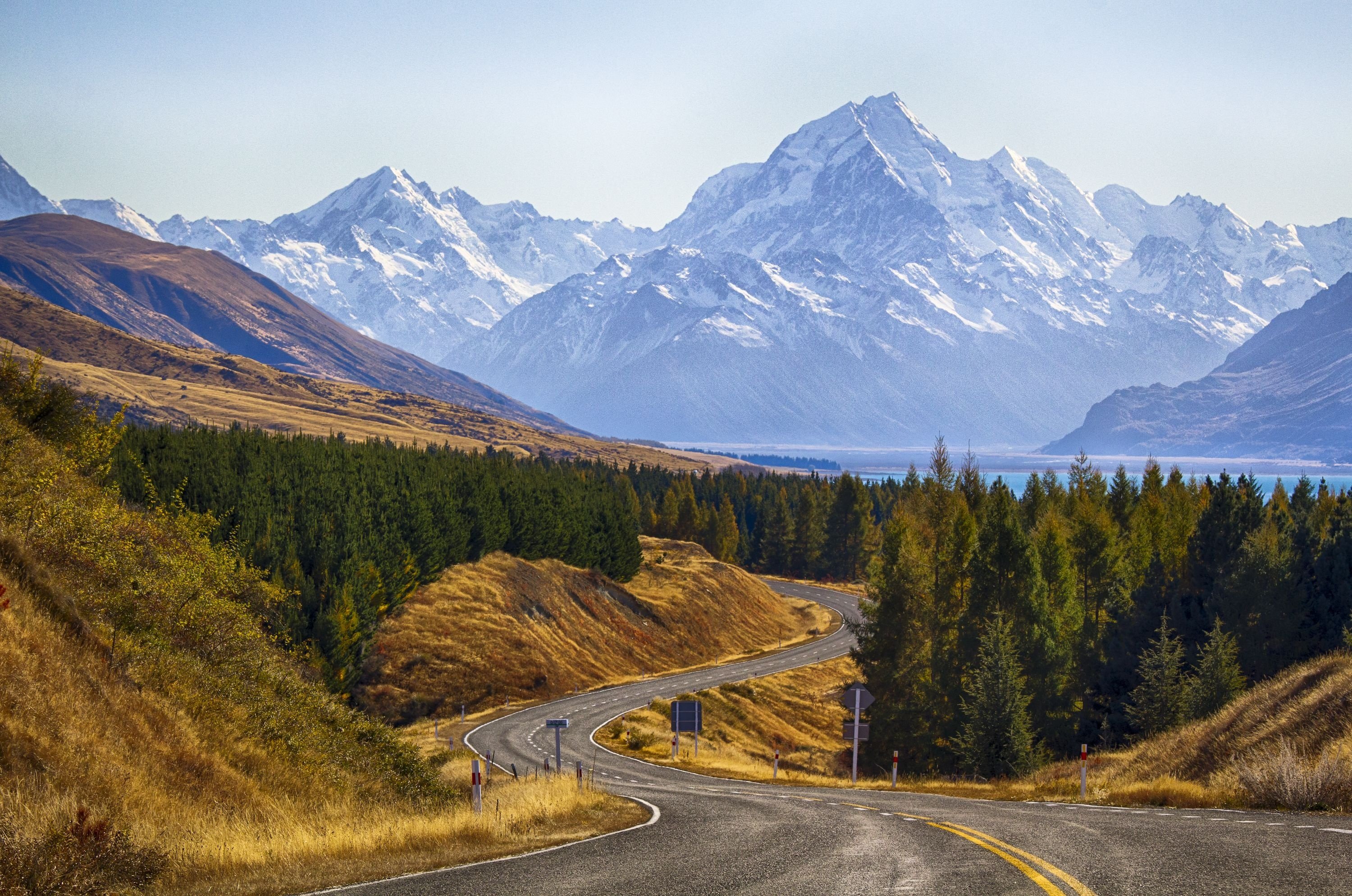 mount, Cook, National, Park, New, Zealand, Mountain, Road, Trees, Landscape Wallpaper