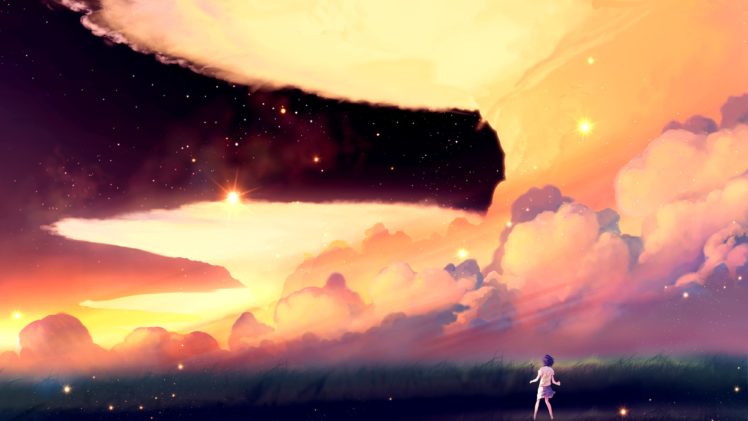 akio bako, Clouds, Grass, Landscape, Original, Scenic, Sky, Stars HD Wallpaper Desktop Background