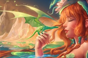 fantasy, Dragon, Fairy, Women, Art, Goddess, Flowers, Mood, Lakes
