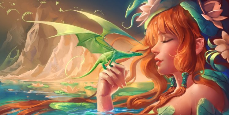 fantasy, Dragon, Fairy, Women, Art, Goddess, Flowers, Mood, Lakes HD Wallpaper Desktop Background