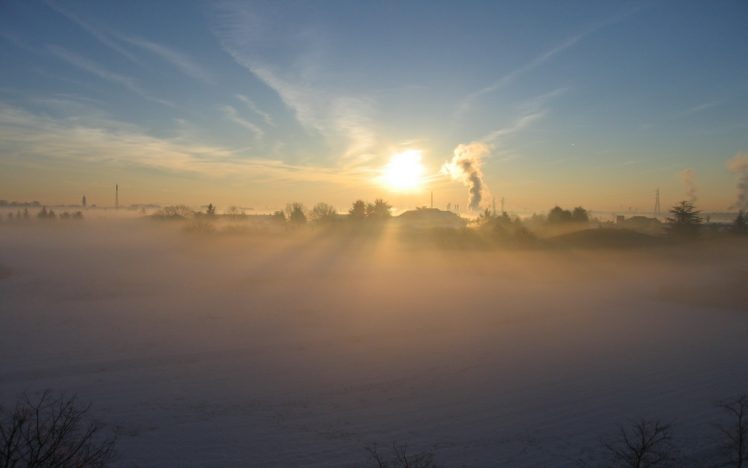 sunset, Behind, Winter, Fog HD Wallpaper Desktop Background