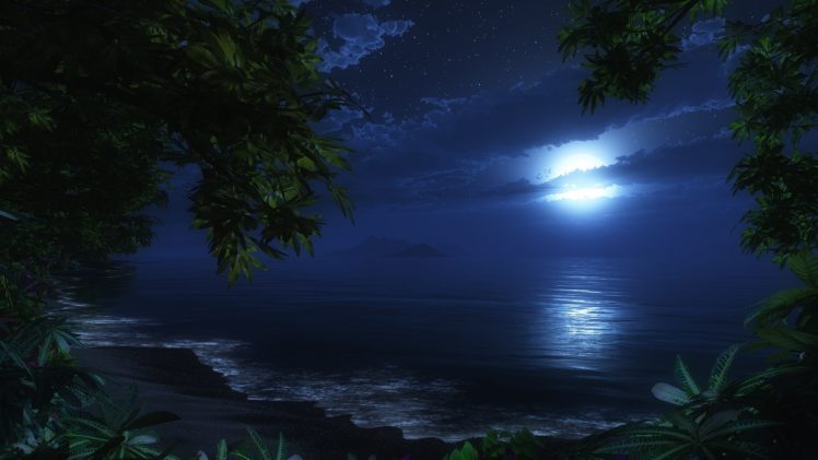 cg, Digital, Art, Nature, Ocean, Beaches, Waves, Sky, Night, Trees ...