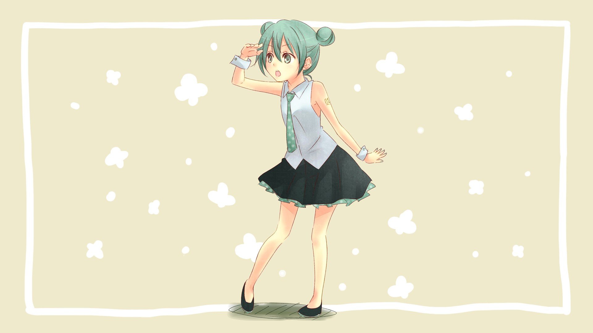 tattoos, Vocaloid, Hatsune, Miku, Tie, Skirts, Shoes, Green, Eyes, Green, Hair, Shirts, Open, Mouth, Cuffs, Simple, Background, Anime, Girls, Brown, Background Wallpaper