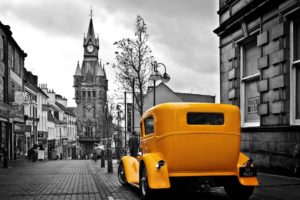 vintage, Yellow, Car, In, A, Gray, City