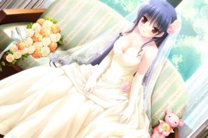 video, Games, Couch, Gloves, Dress, Flowers, Cleavage, Long, Hair, Ribbons, Brides, Red, Eyes, Visual, Novels, Stuffed, Animals, Natsu, No, Ame, Sitting, Wedding, Bouquet, Wedding, Dresses, Veil, White, Dress, R