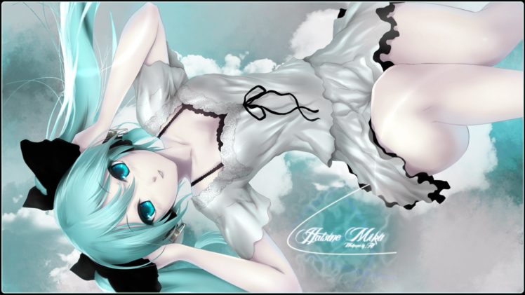 Headphones Clouds Vocaloid Dress Hatsune Miku Bra Cleavage Long Hair Ribbons