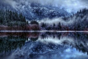 mountains, Hdr, Reflection, Winter, Trees, Forest, Fog