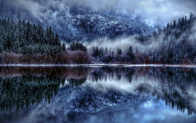 mountains, Hdr, Reflection, Winter, Trees, Forest, Fog HD Wallpaper Desktop Background